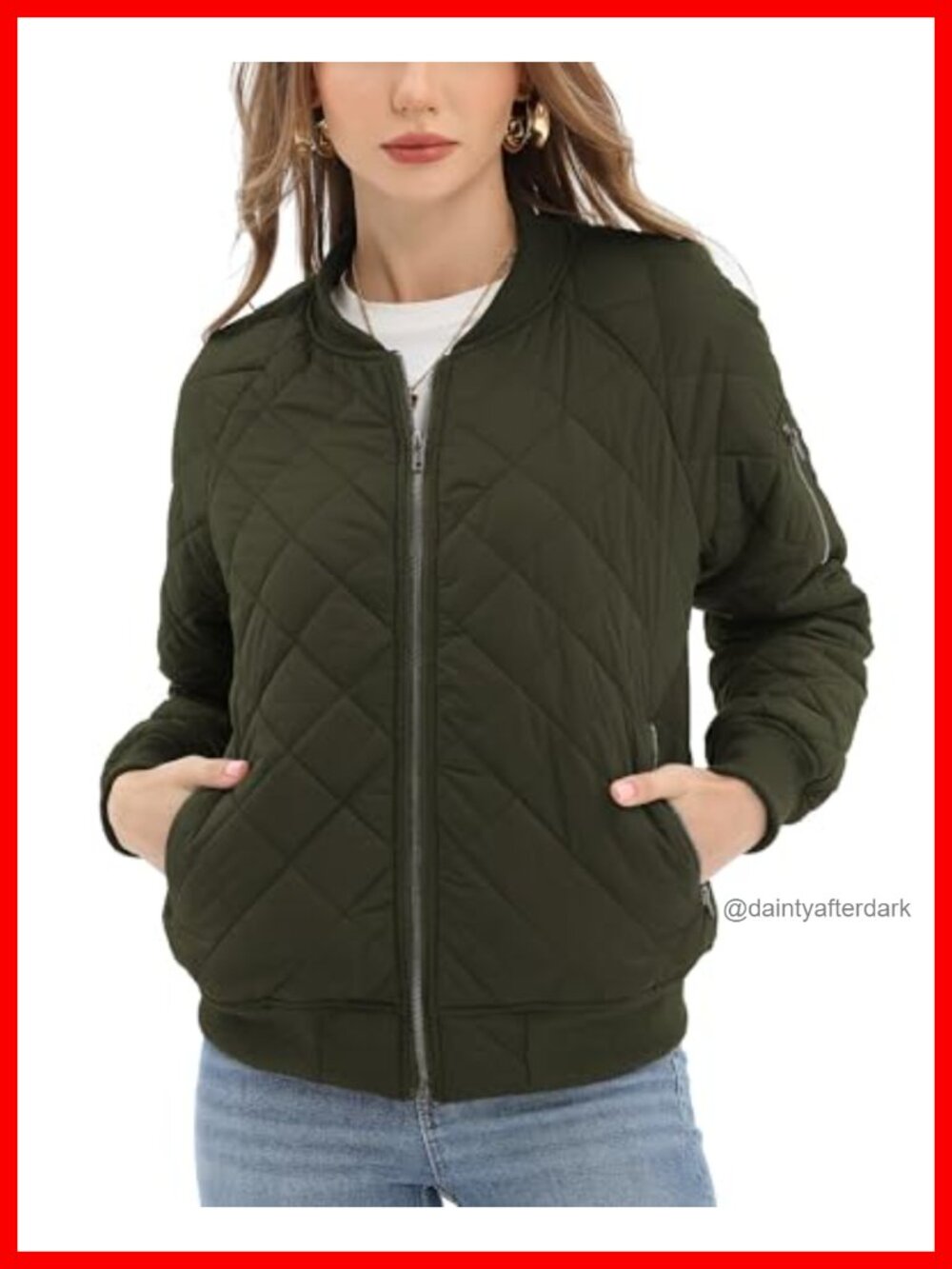 Quilted Lightweight Puffer Bomber Jacket Zip Pockets